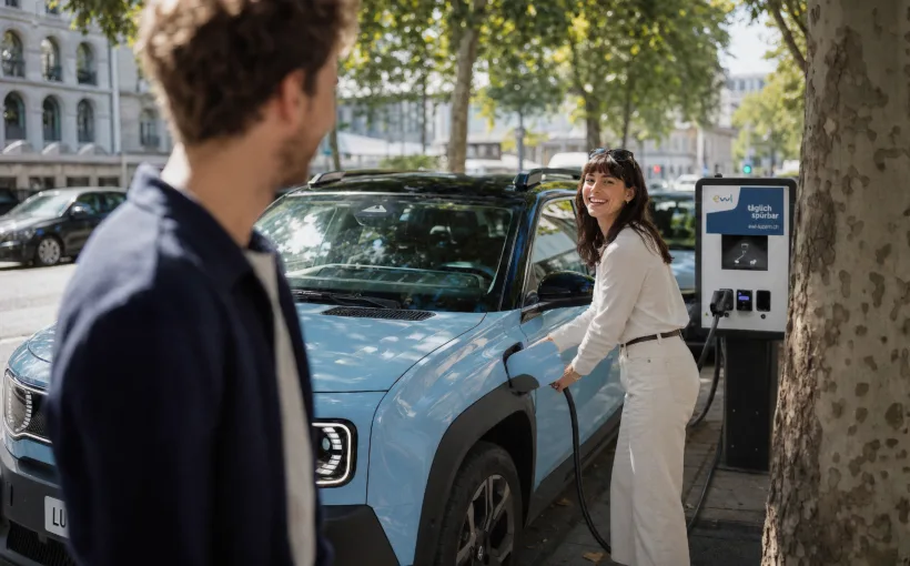 Frau lädt Elektroauto auf einem öffentlichen Parkplatz